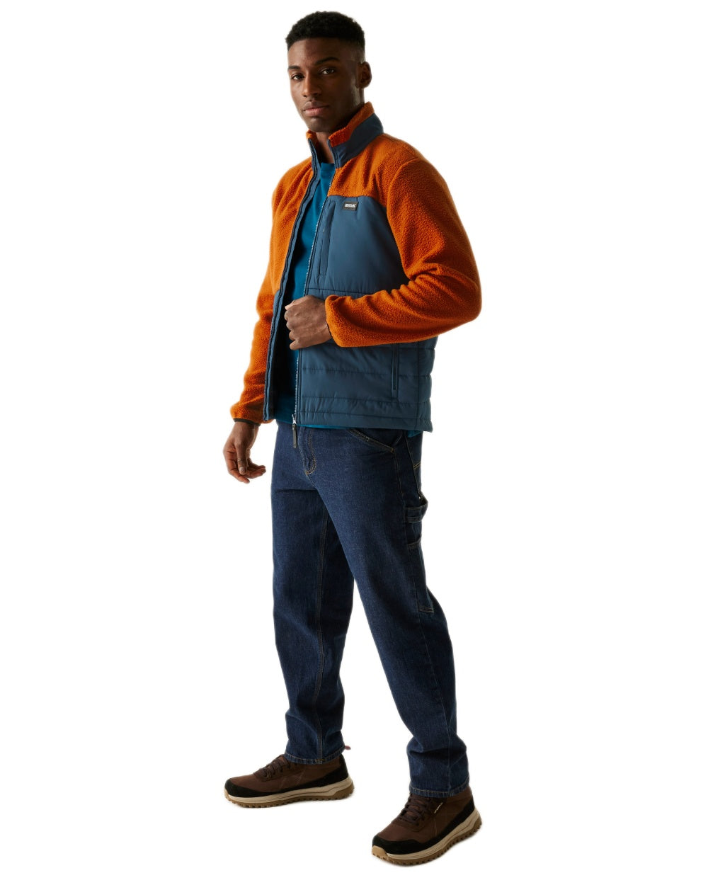 Potters Orange Blue Coloured Regatta Mens Frankie Borg Hybrid Full Zip Fleece Jacket on white background 
