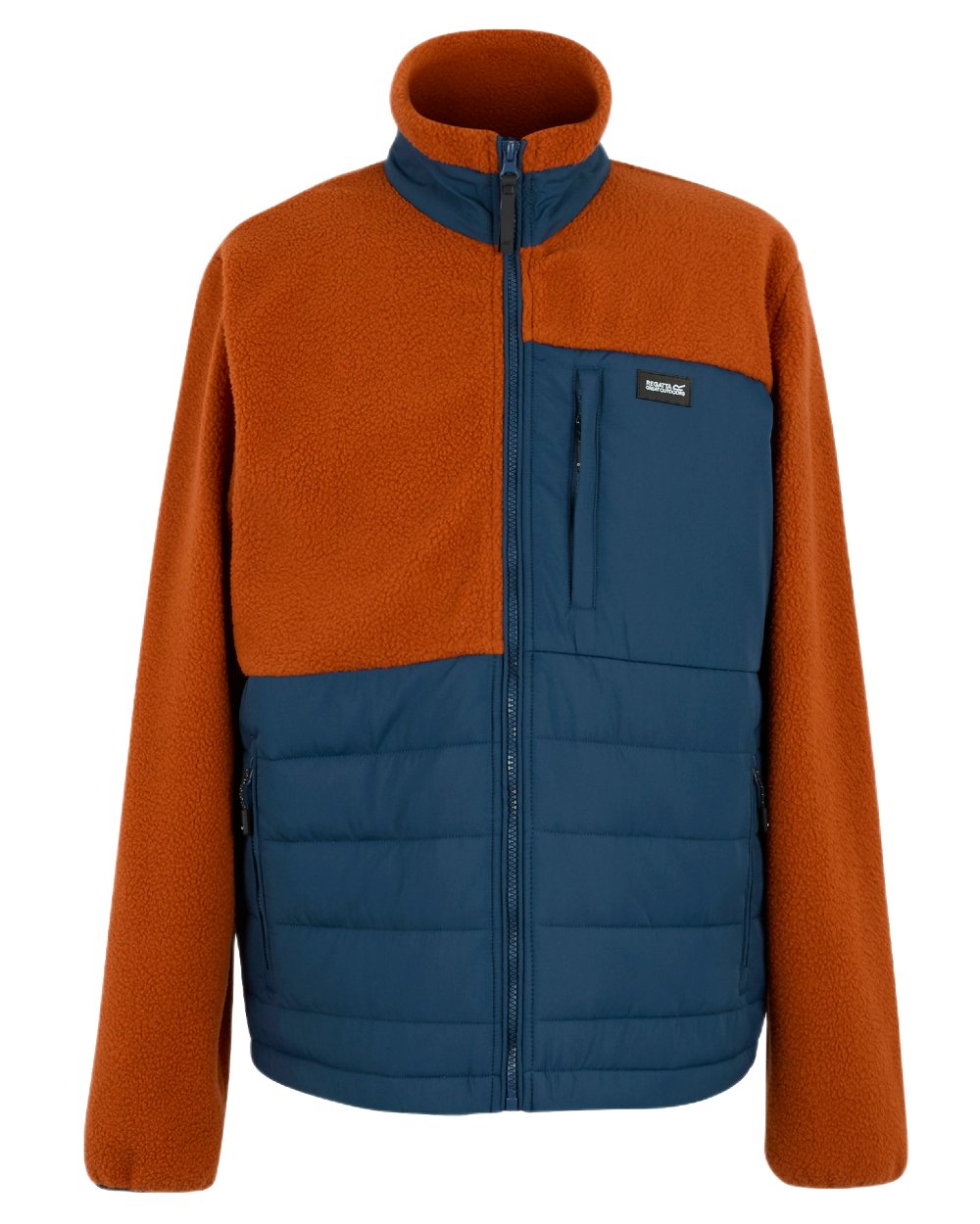 Potters Orange Blue Coloured Regatta Mens Frankie Borg Hybrid Full Zip Fleece Jacket on white background 