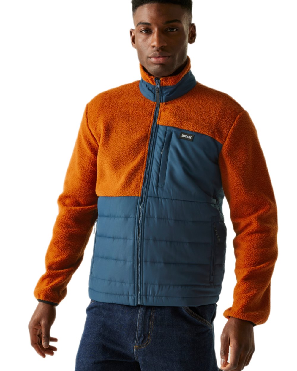 Potters Orange Blue Coloured Regatta Mens Frankie Borg Hybrid Full Zip Fleece Jacket on white background 