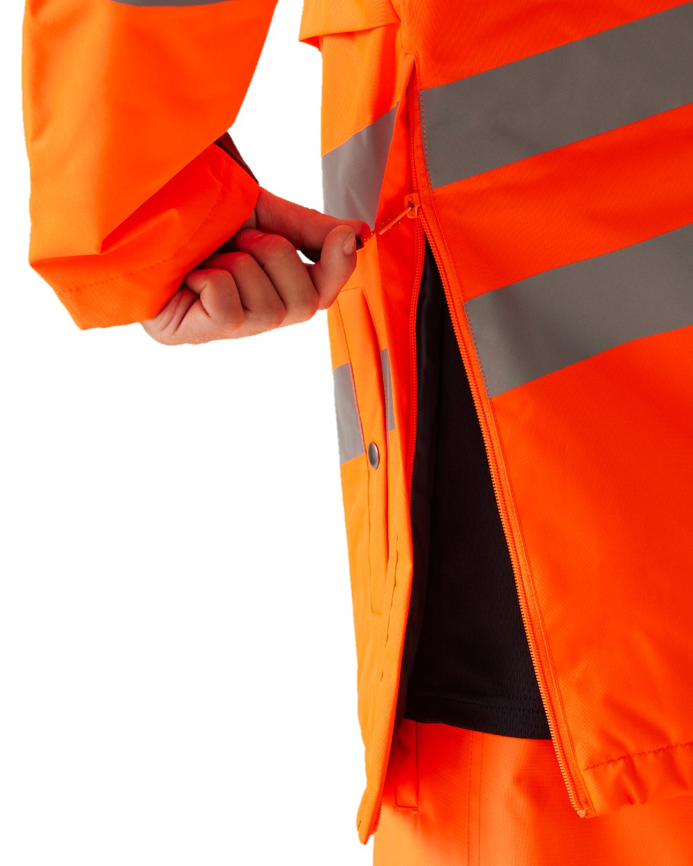 Orange Grey coloured Regatta Mens Hi-Vis Waterproof Insulated Reflective Overhead Bomber Jacket on white background 