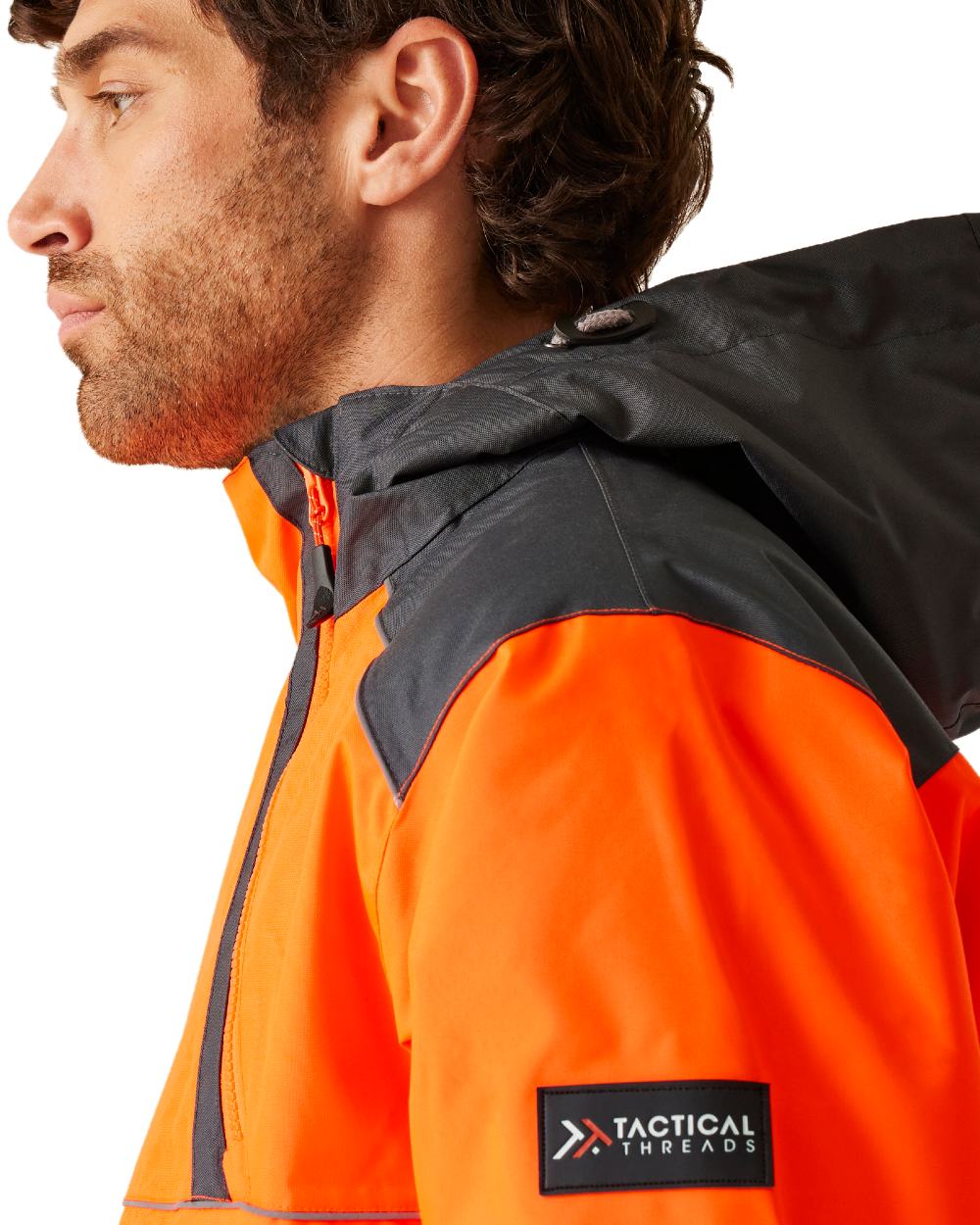 Orange Grey coloured Regatta Mens Hi-Vis Waterproof Insulated Reflective Overhead Bomber Jacket on white background 