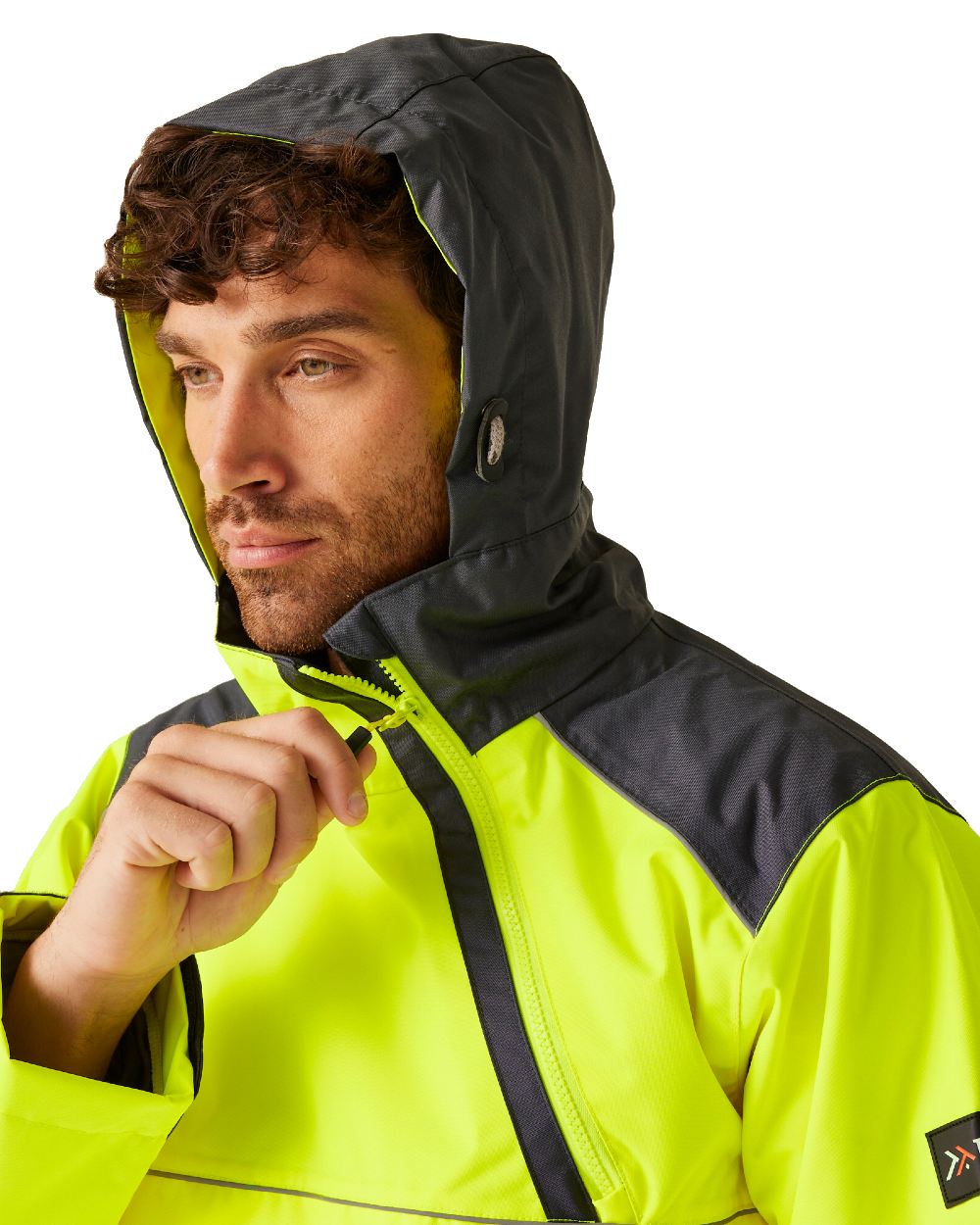 Yellow Grey coloured Regatta Mens Hi-Vis Waterproof Insulated Reflective Overhead Bomber Jacket on white background 