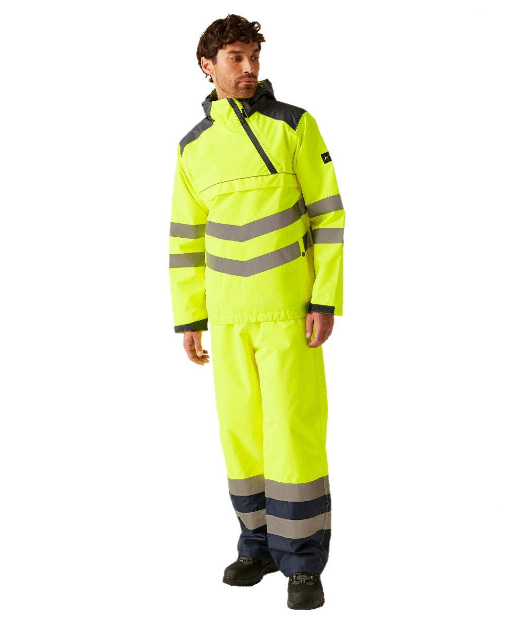 Yellow Grey coloured Regatta Mens Hi-Vis Waterproof Insulated Reflective Overhead Bomber Jacket on white background 