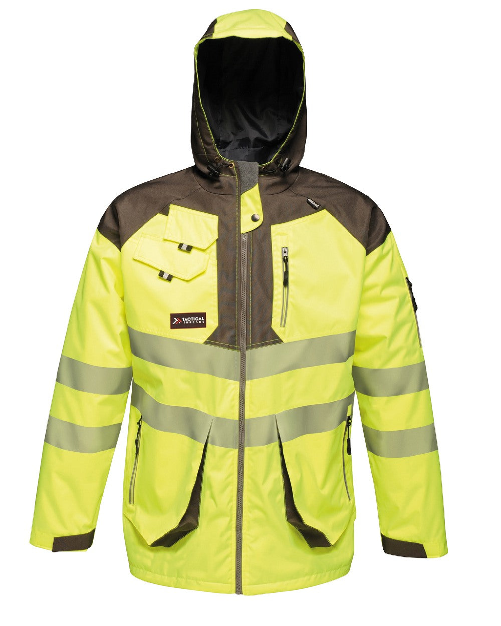 Yellow Grey coloured Regatta Mens Hi-Vis Waterproof Reflective Parka Jacket on white background 