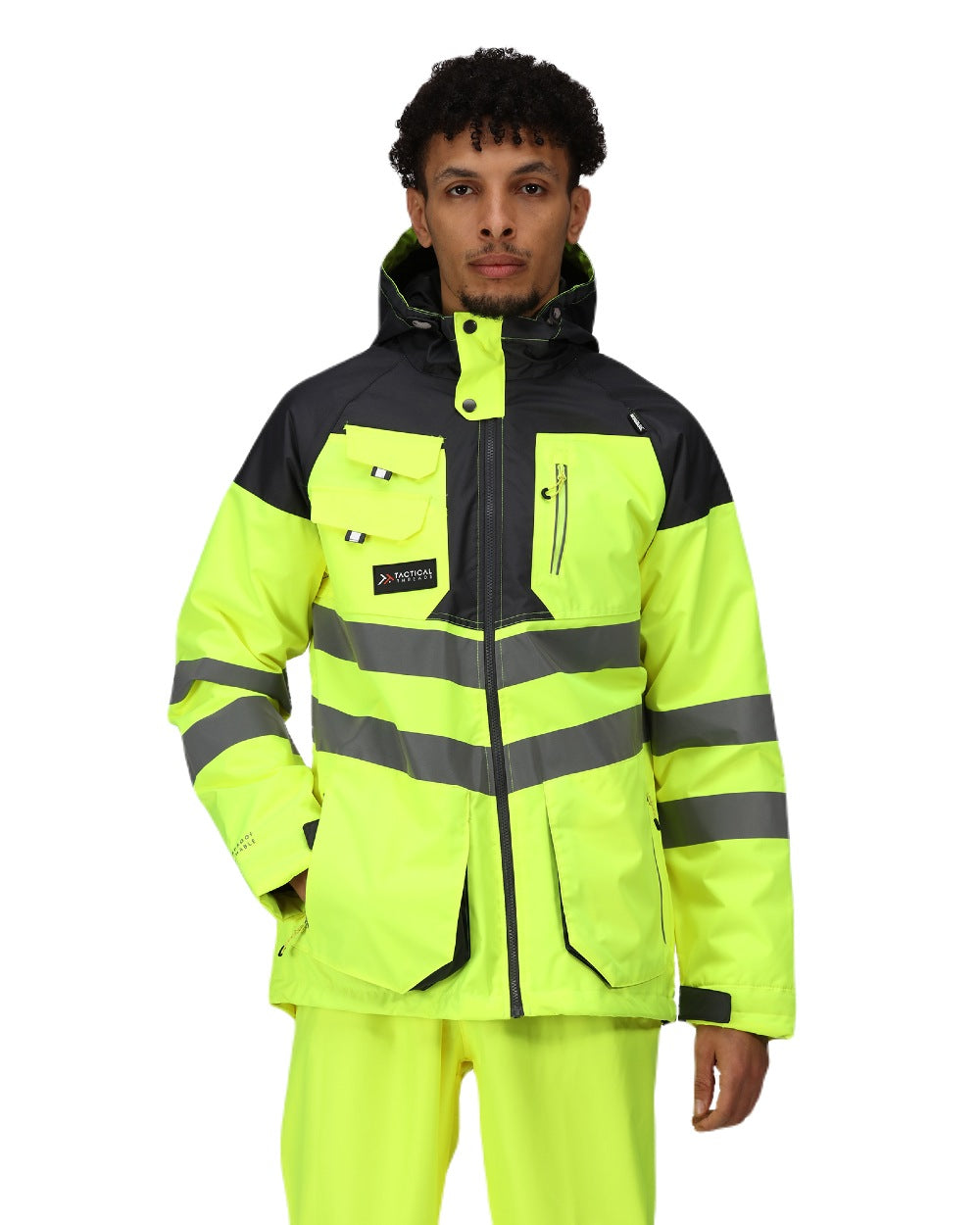 Yellow Grey coloured Regatta Mens Hi-Vis Waterproof Reflective Parka Jacket on white background 