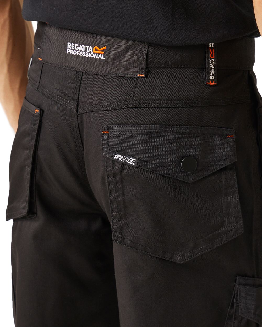 Black coloured Regatta Mens Incursion Work Trousers on white background 