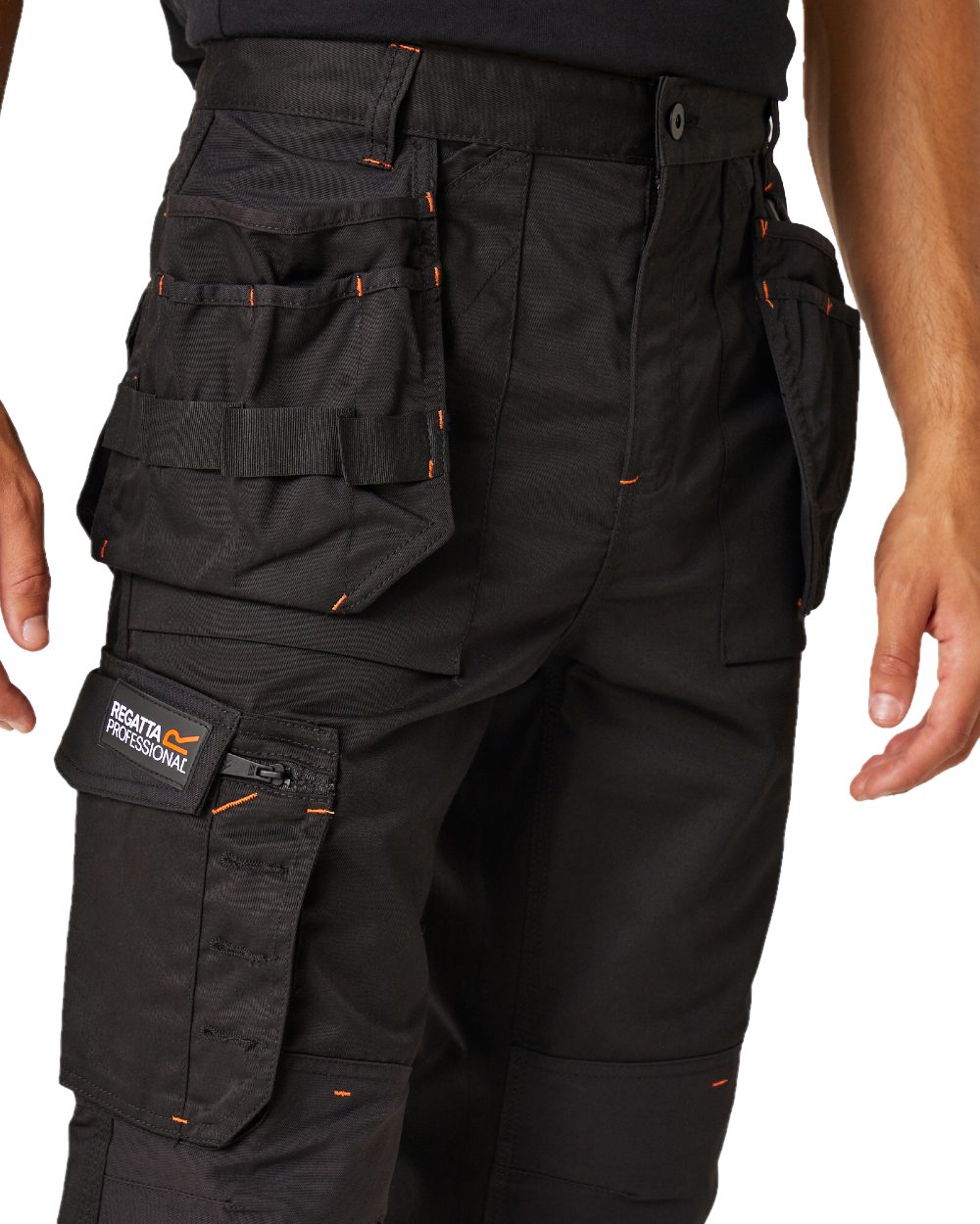 Black coloured Regatta Mens Incursion Work Trousers on white background 