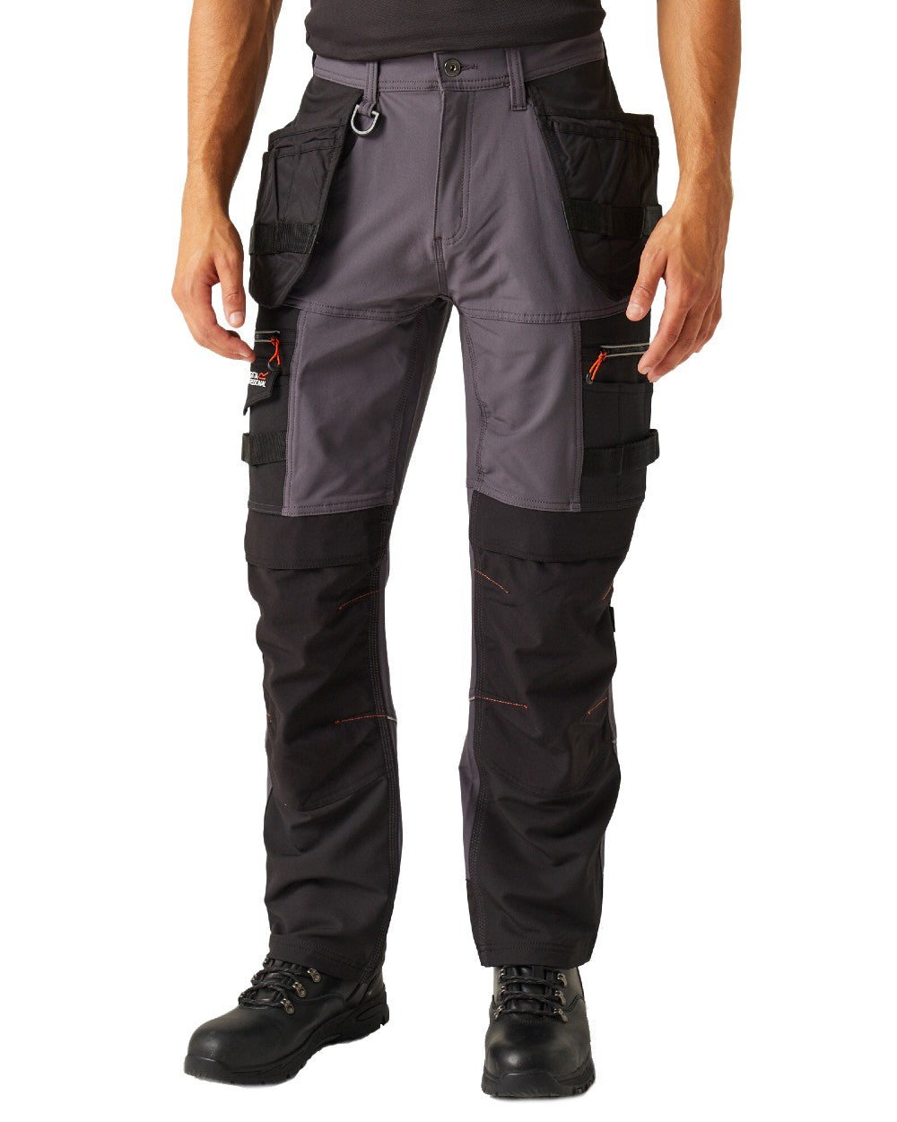 Iron Black coloured Regatta Mens Infiltrate Softshell Stretch Trousers on white background 