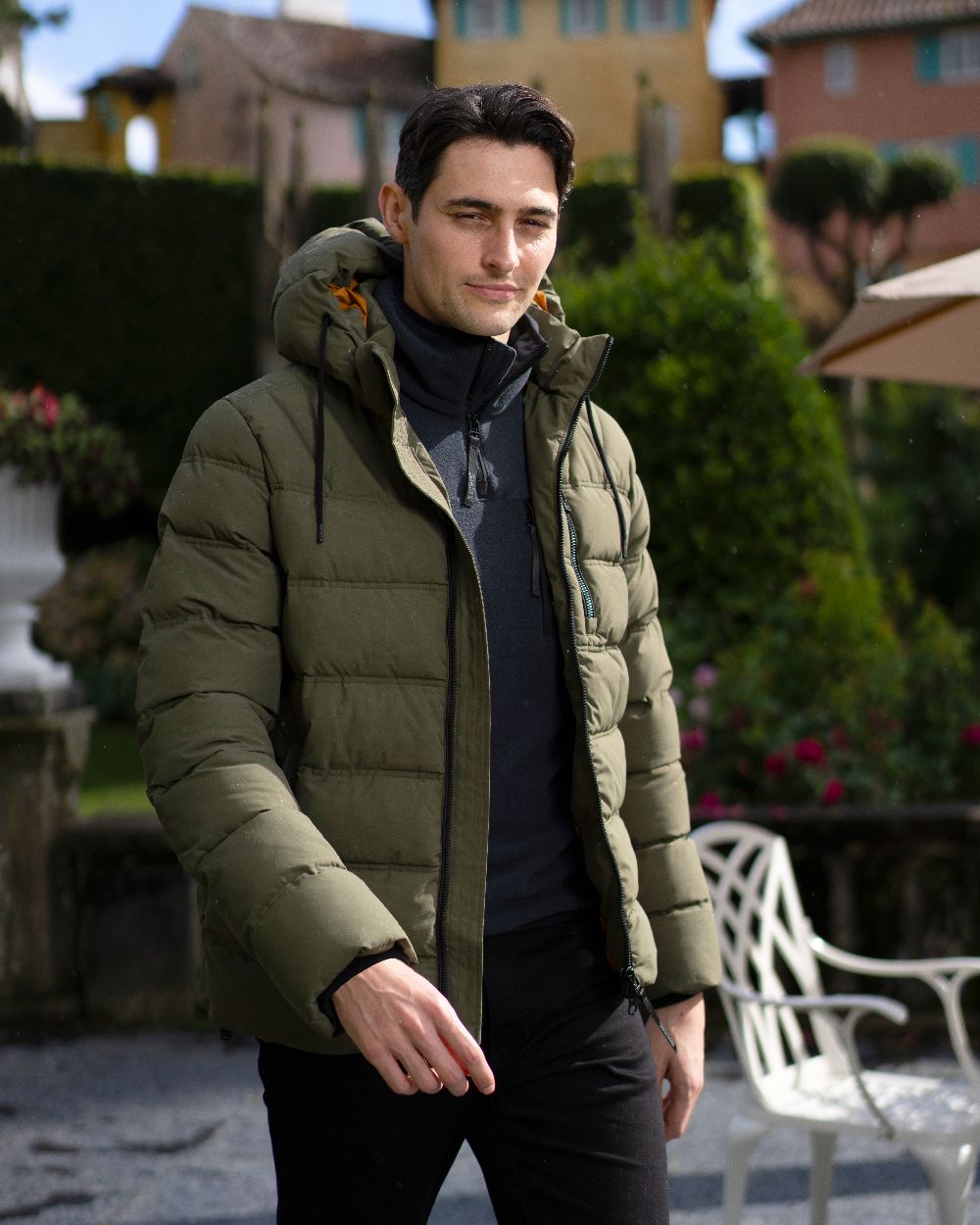Olive Night Pumpkin Spice Coloured Regatta Mens Leeshaw Padded Jacket on outdoor background 