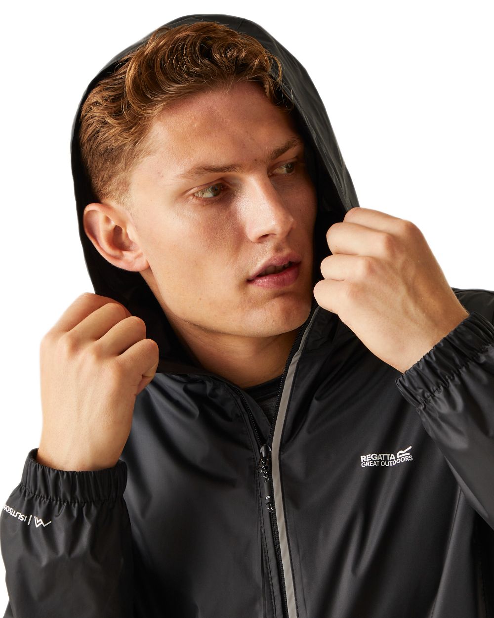Black Coloured Regatta Mens Lyle IV Waterproof Packaway Jacket on white background 