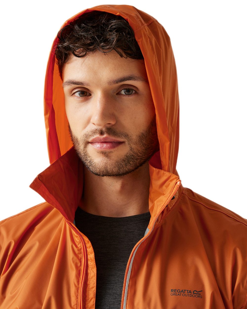Fox Coloured Regatta Mens Lyle IV Waterproof Packaway Jacket on white background 