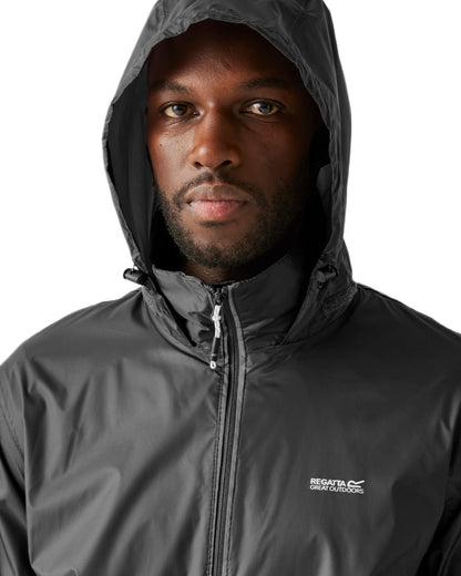 Iron Coloured Regatta Mens Lyle IV Waterproof Packaway Jacket on white background 