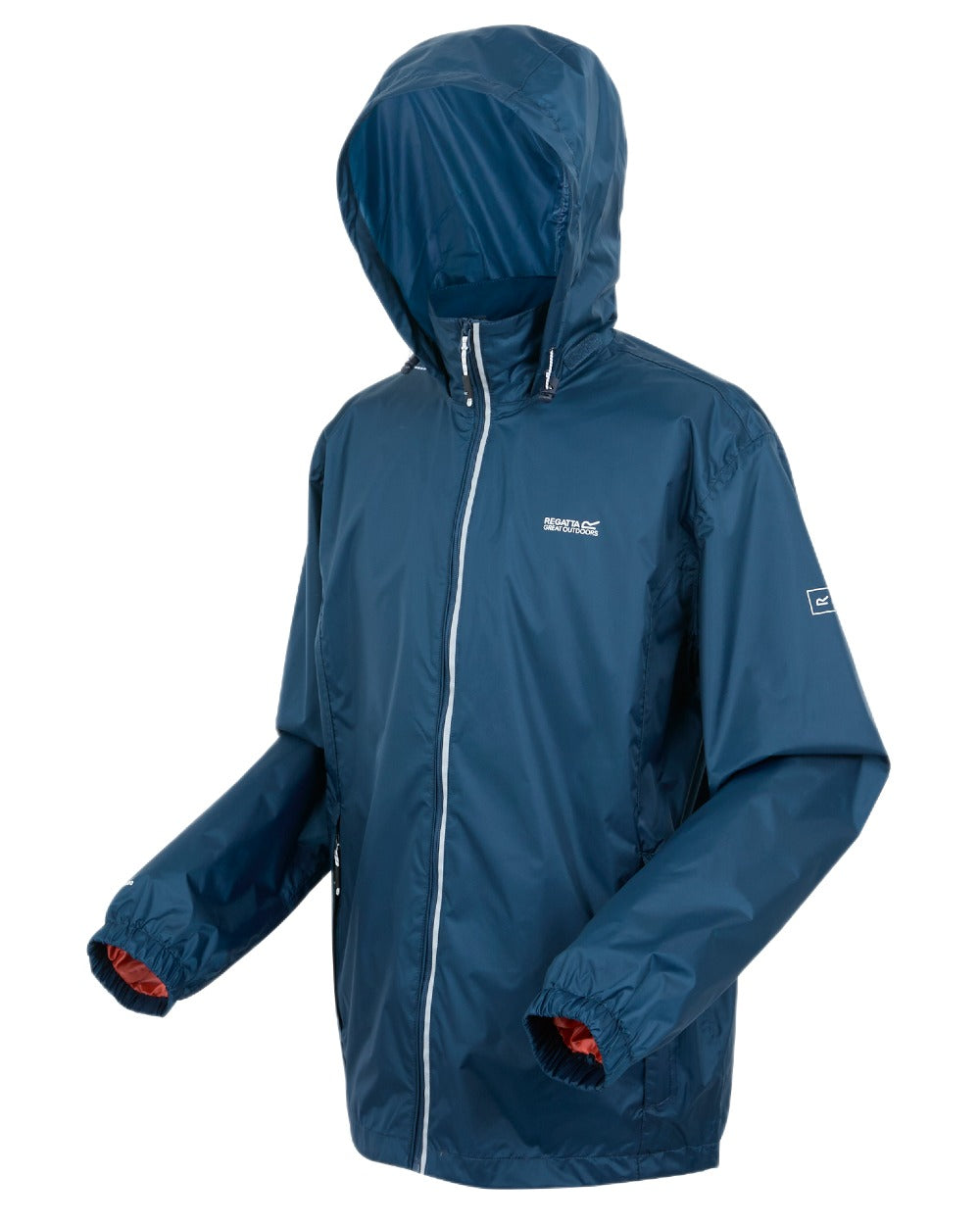 Moonlight Denim Tangerine Tango Coloured Regatta Mens Lyle IV Waterproof Packaway Jacket on white background 