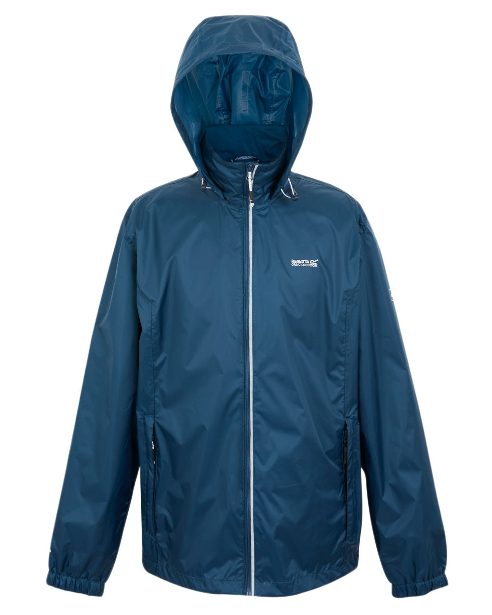 Moonlight Denim Tangerine Tango Coloured Regatta Mens Lyle IV Waterproof Packaway Jacket on white background 