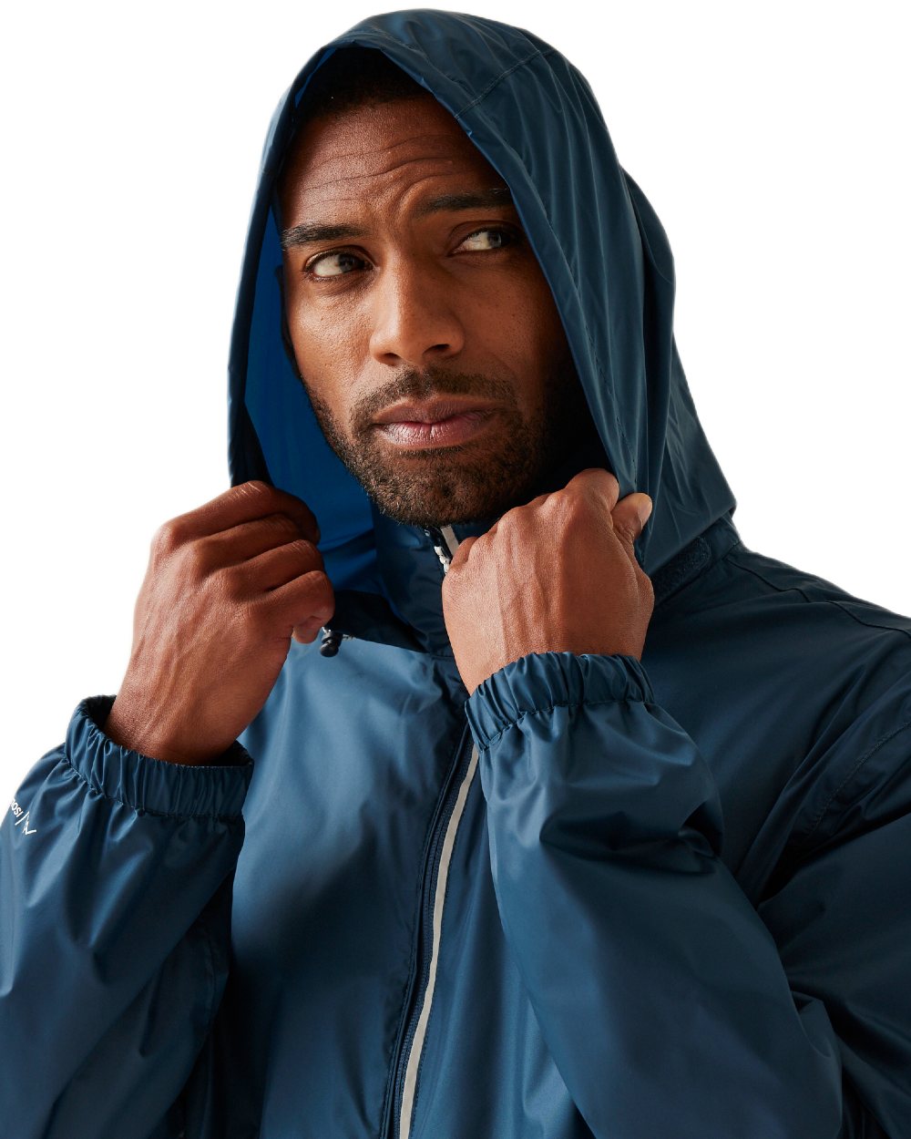 Moonlight Denim Tangerine Tango Coloured Regatta Mens Lyle IV Waterproof Packaway Jacket on white background 