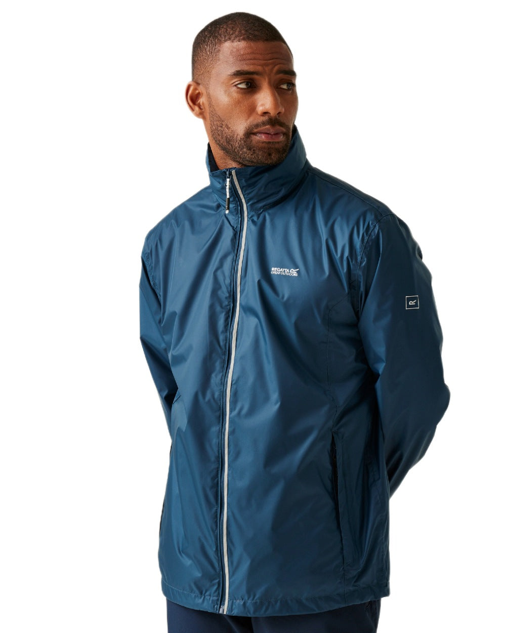 Moonlight Denim Tangerine Tango Coloured Regatta Mens Lyle IV Waterproof Packaway Jacket on white background 