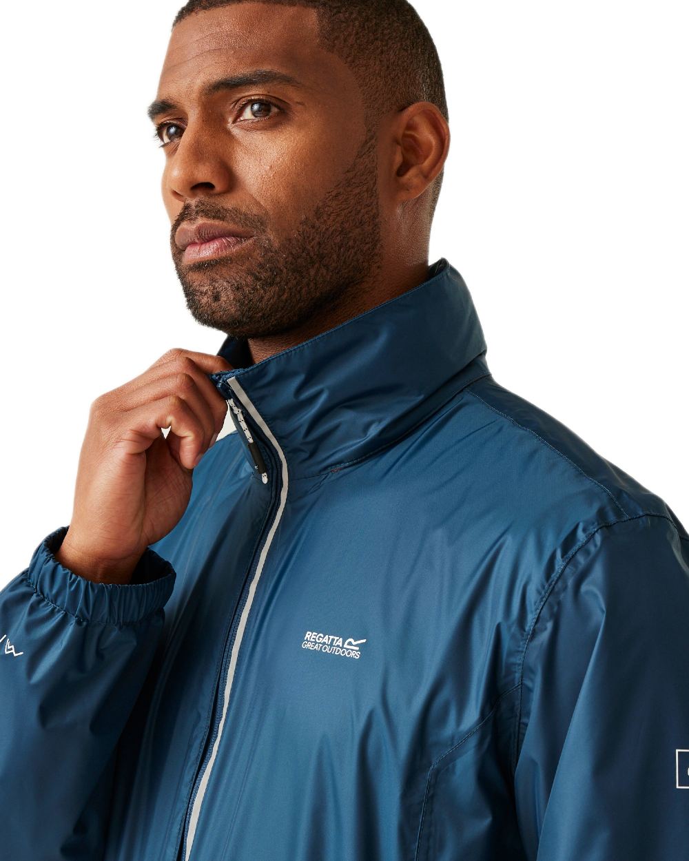 Moonlight Denim Tangerine Tango Coloured Regatta Mens Lyle IV Waterproof Packaway Jacket on white background 