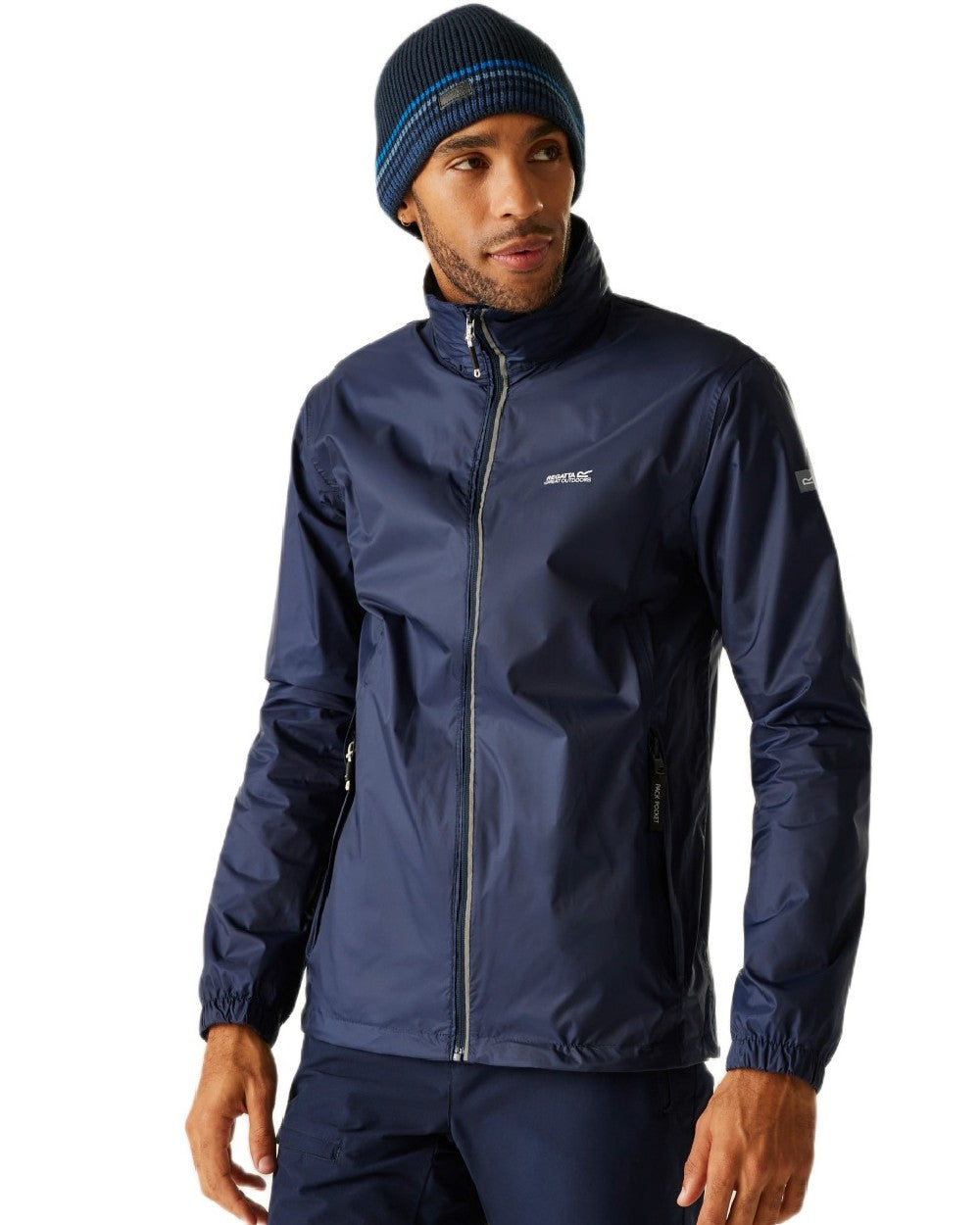 Navy Coloured Regatta Mens Lyle IV Waterproof Packaway Jacket on white background 