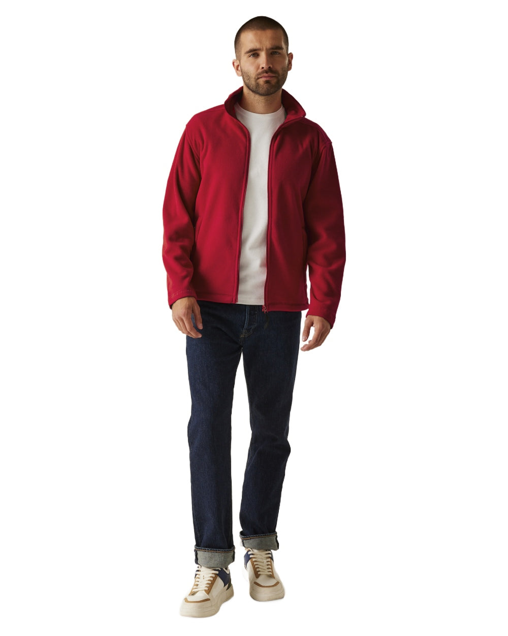 Classic Red coloured Regatta Mens Micro Lightweight Full Zip Fleece on white background 
