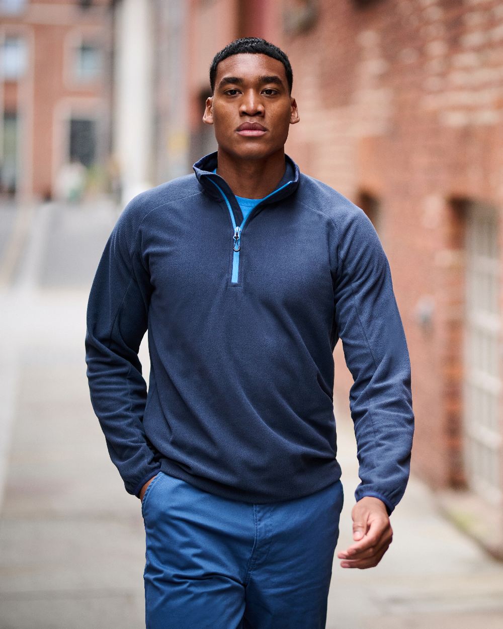 Navy French Blue coloured Regatta Mens Navigate Half-Zip Fleece on blurry background 