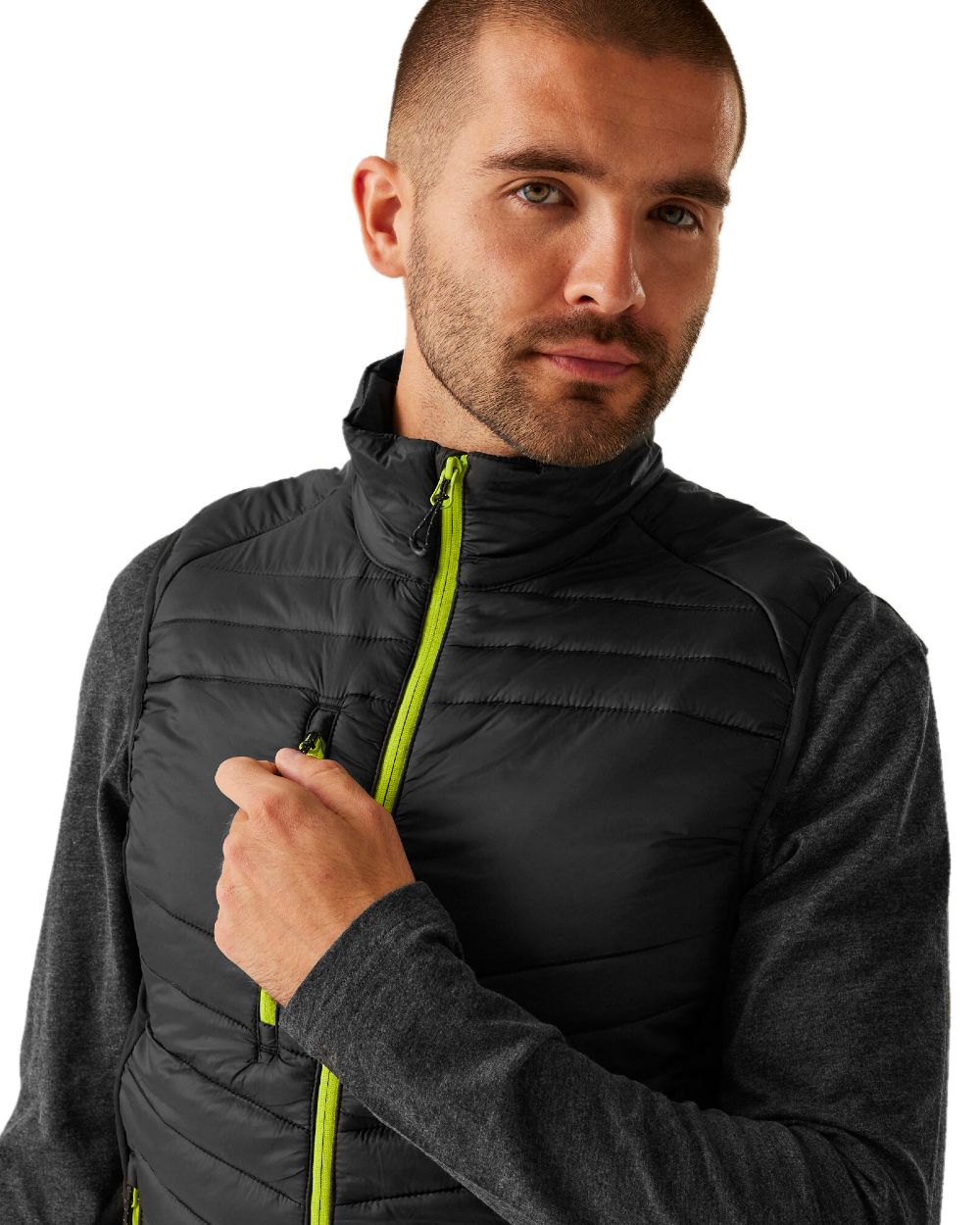 Black Lime Green coloured Regatta Mens Navigate Hybrid Bodywarmer on white background 