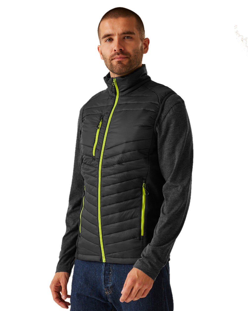 Black Lime Green coloured Regatta Mens Navigate Hybrid Bodywarmer on white background 