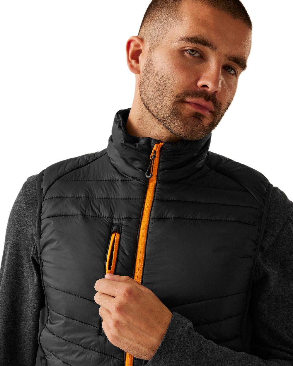 Black Orange Pop coloured Regatta Mens Navigate Hybrid Bodywarmer on white background 