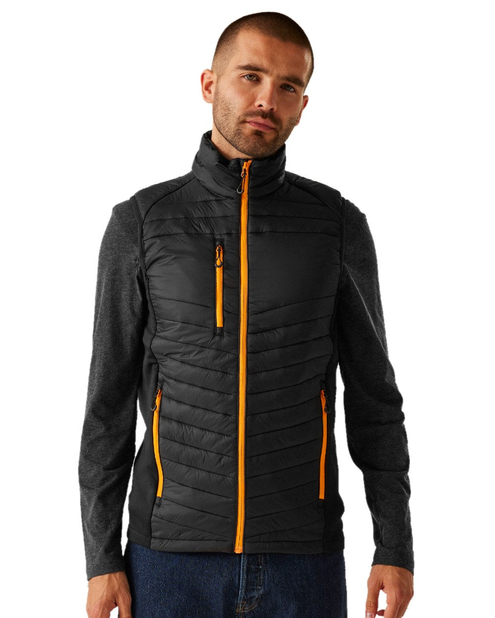 Black Orange Pop coloured Regatta Mens Navigate Hybrid Bodywarmer on white background 