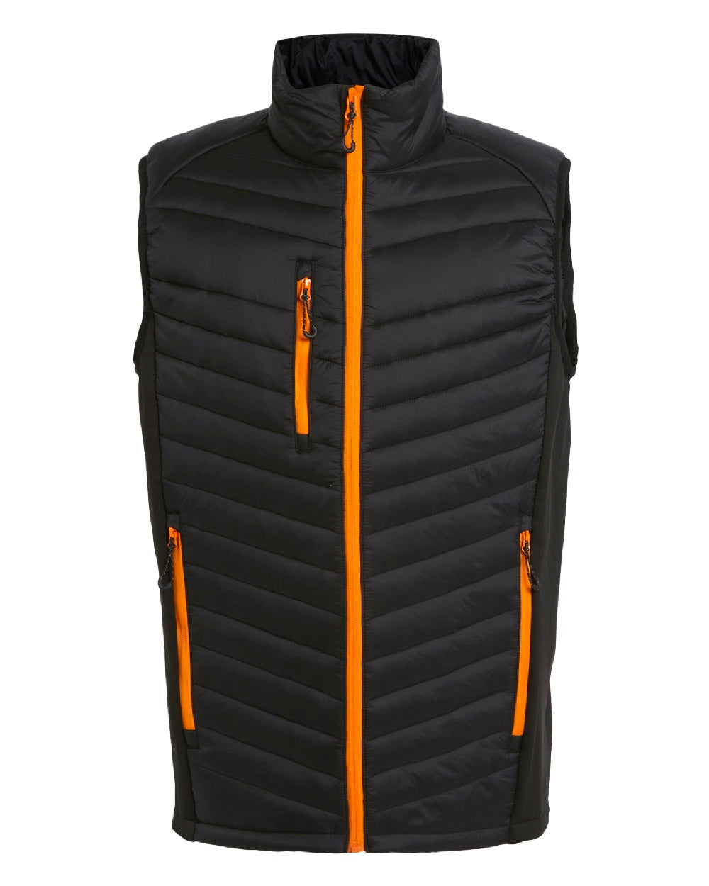 Black Orange Pop coloured Regatta Mens Navigate Hybrid Bodywarmer on white background 