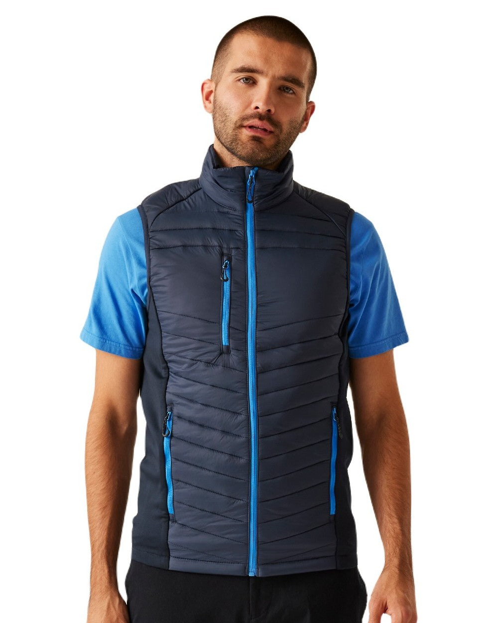 Navy French Blue coloured Regatta Mens Navigate Hybrid Bodywarmer on white background 