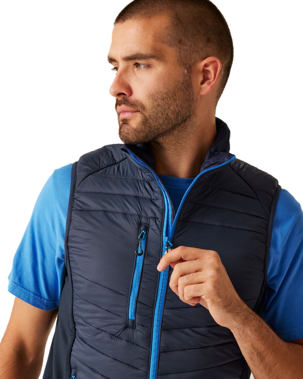 Navy French Blue coloured Regatta Mens Navigate Hybrid Bodywarmer on white background 