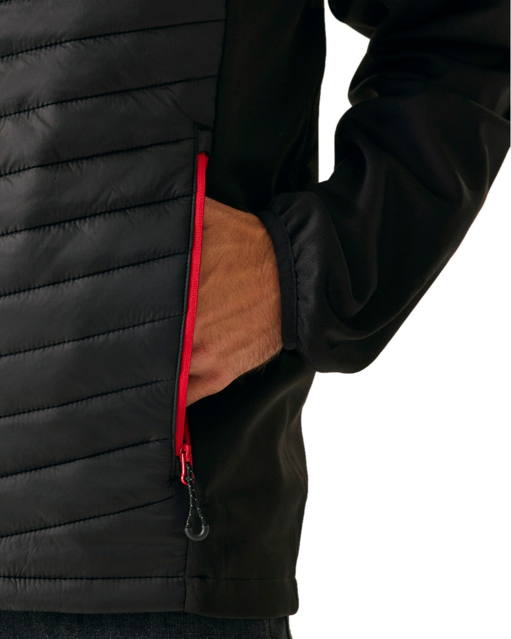 Black Classic Red coloured Regatta Mens Navigate Hybrid Jacket on white background 