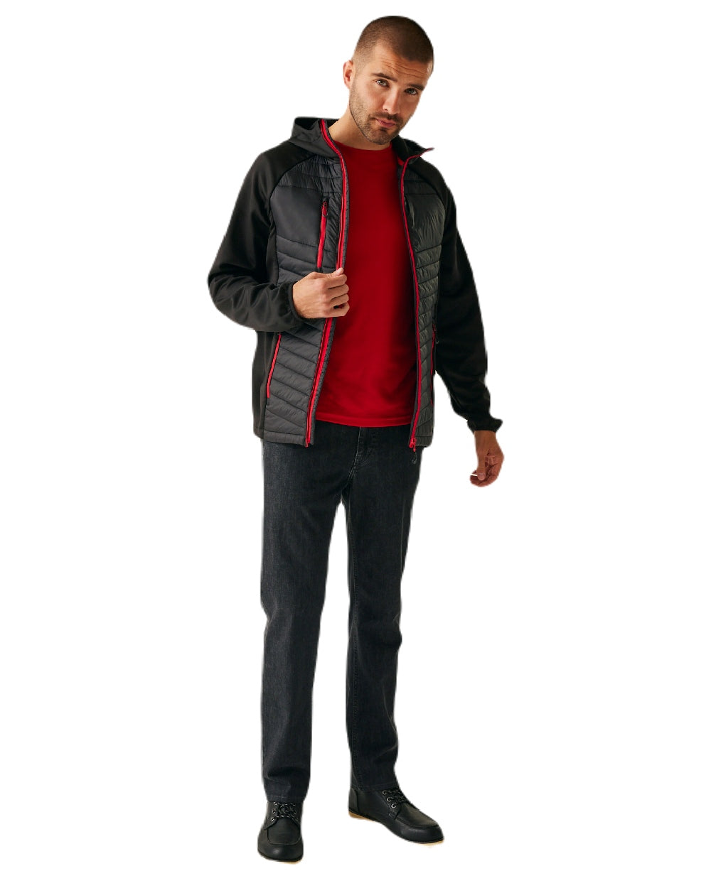 Black Classic Red coloured Regatta Mens Navigate Hybrid Jacket on white background 