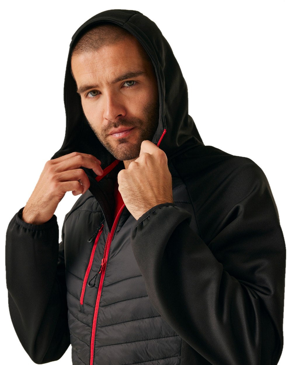 Black Classic Red coloured Regatta Mens Navigate Hybrid Jacket on white background 