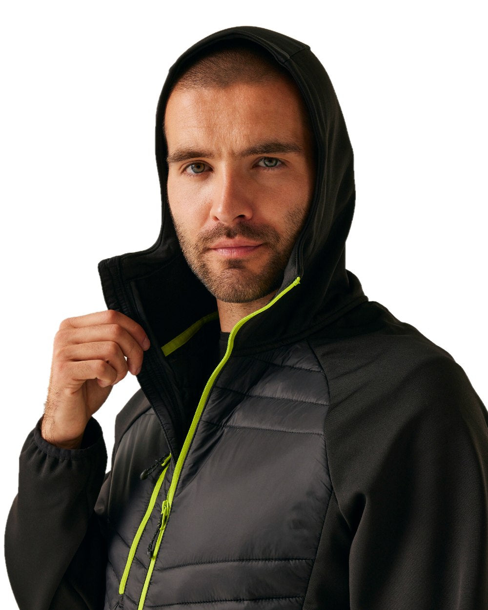 Black Lime Green coloured Regatta Mens Navigate Hybrid Jacket on white background 
