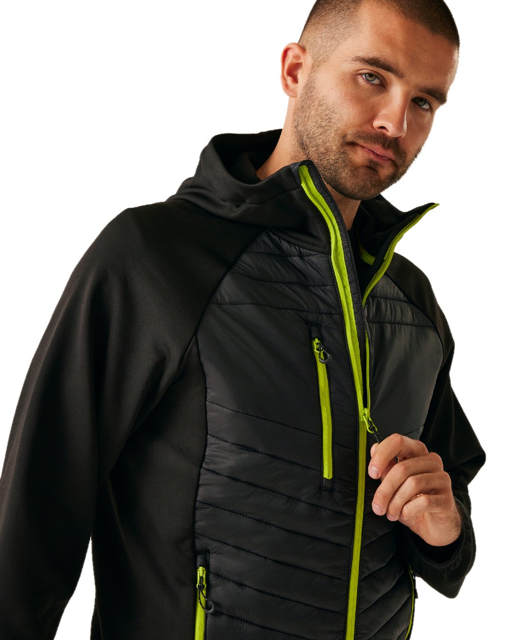 Black Lime Green coloured Regatta Mens Navigate Hybrid Jacket on white background 