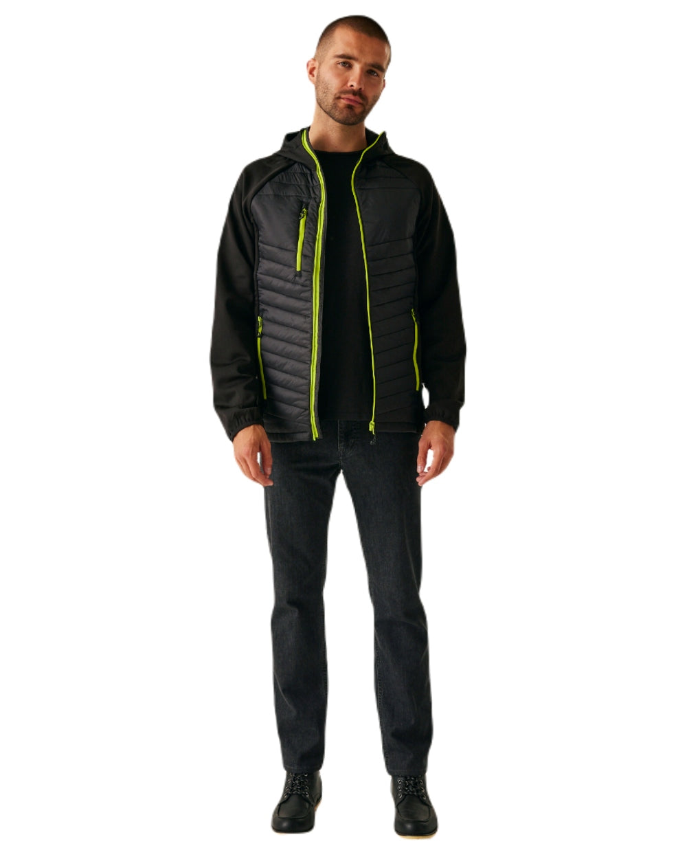 Black Lime Green coloured Regatta Mens Navigate Hybrid Jacket on white background 