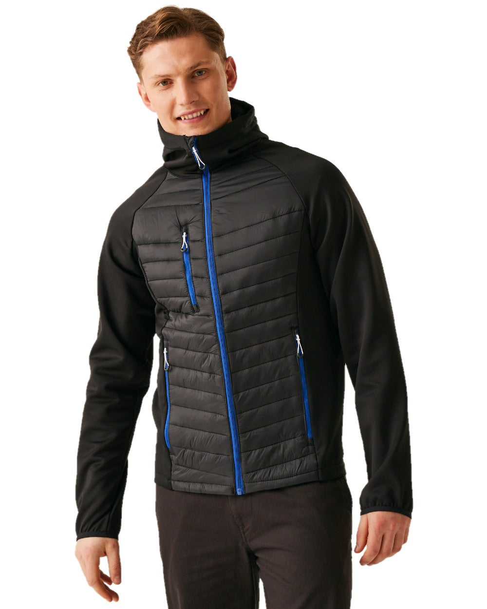 Black New Royal coloured Regatta Mens Navigate Hybrid Jacket on white background 