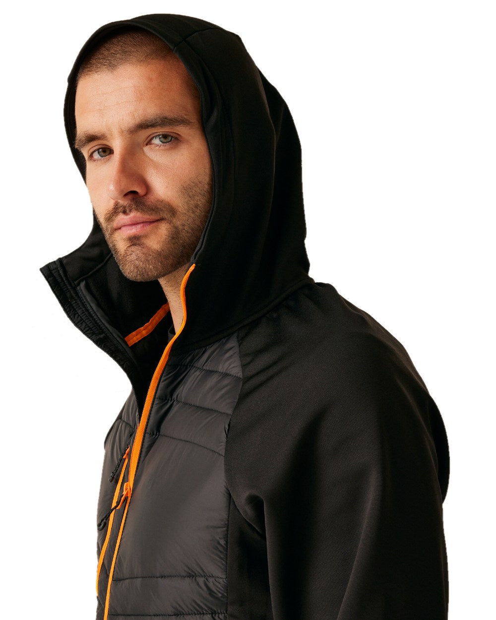 Black Orange Pop coloured Regatta Mens Navigate Hybrid Jacket on white background 