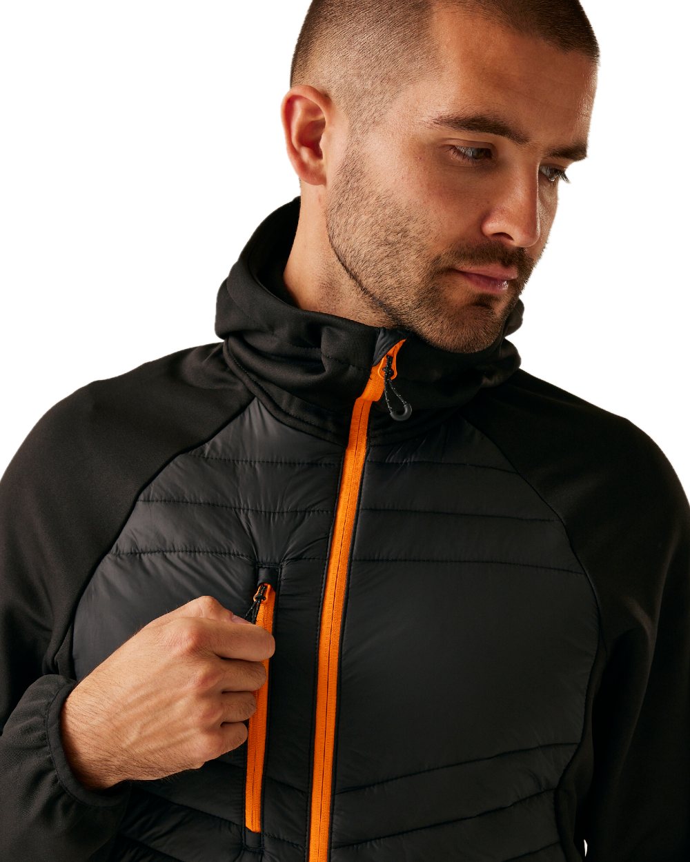 Black Orange Pop coloured Regatta Mens Navigate Hybrid Jacket on white background 