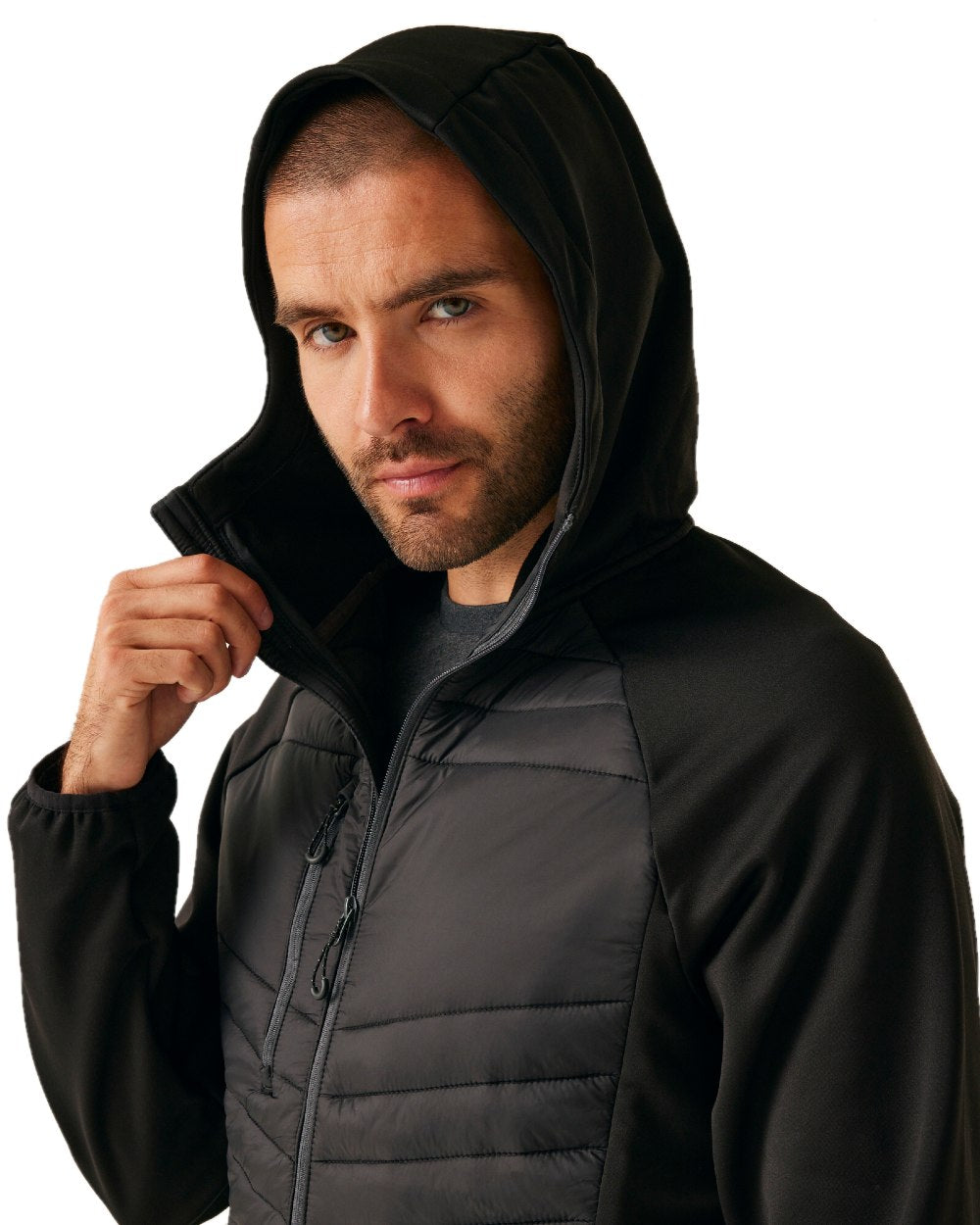 Black Seal Grey coloured Regatta Mens Navigate Hybrid Jacket on white background 