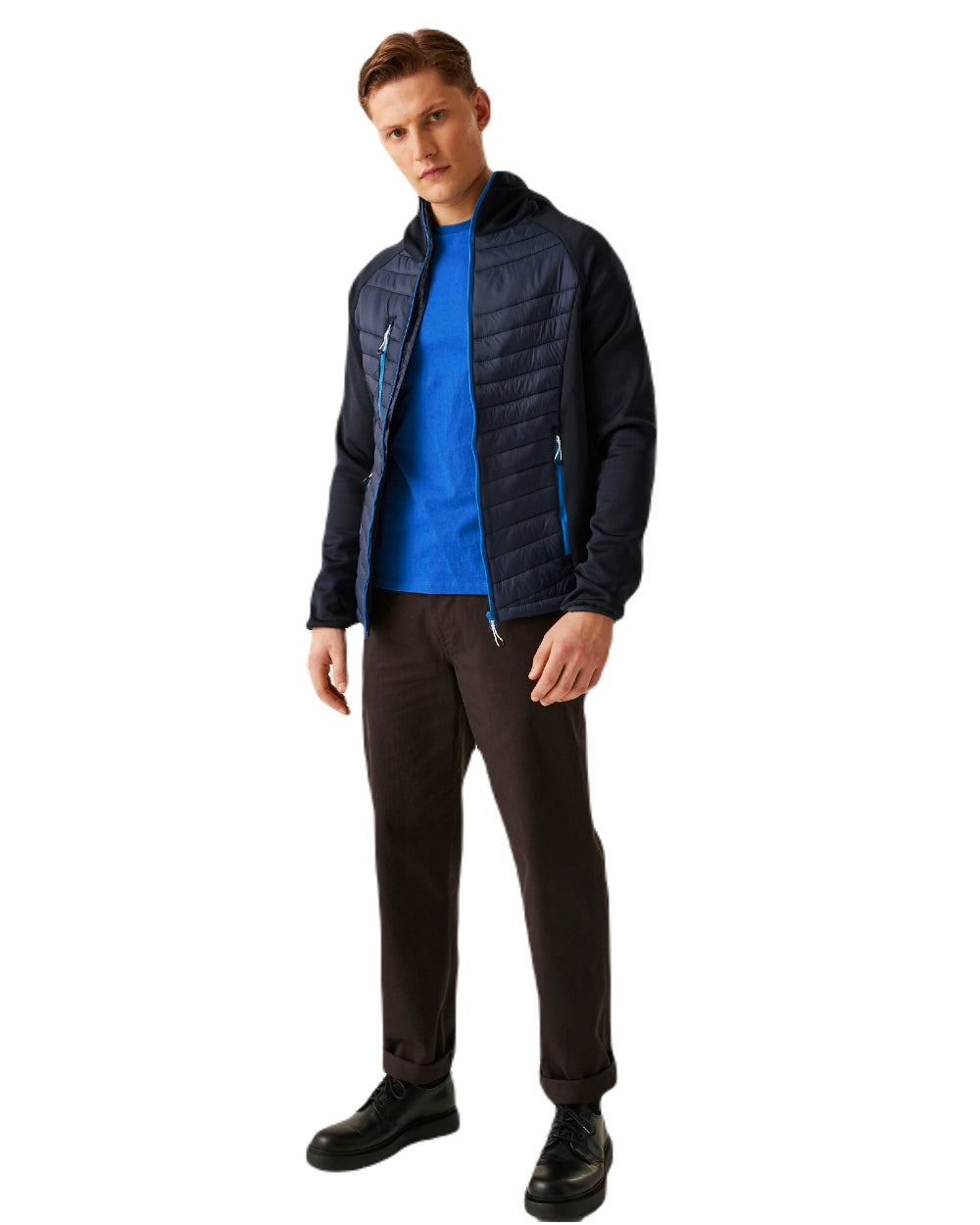 Navy French Blue coloured Regatta Mens Navigate Hybrid Jacket on white background 