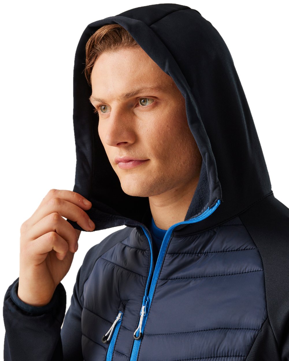 Navy French Blue coloured Regatta Mens Navigate Hybrid Jacket on white background 