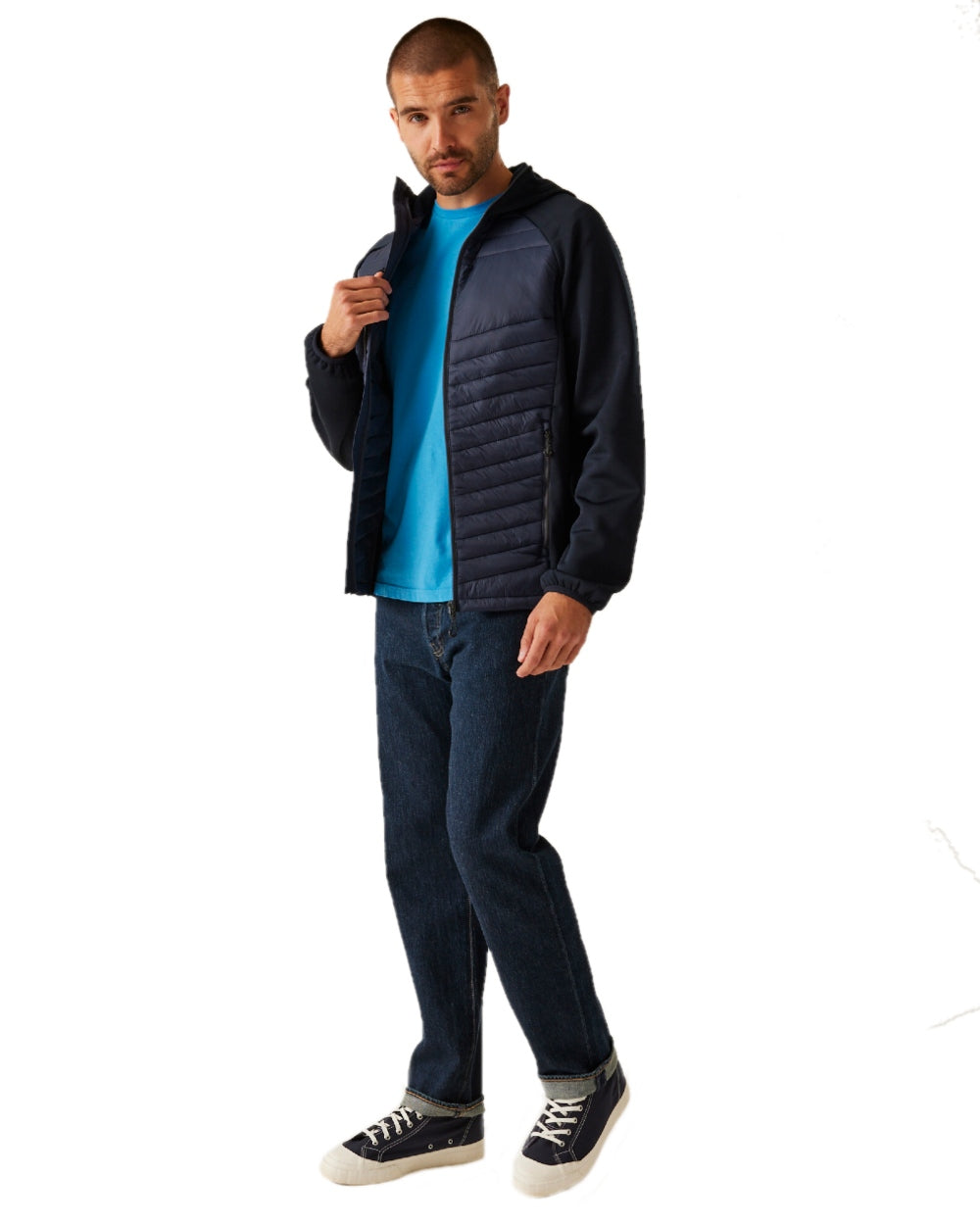 Navy Seal Grey coloured Regatta Mens Navigate Hybrid Jacket on white background 