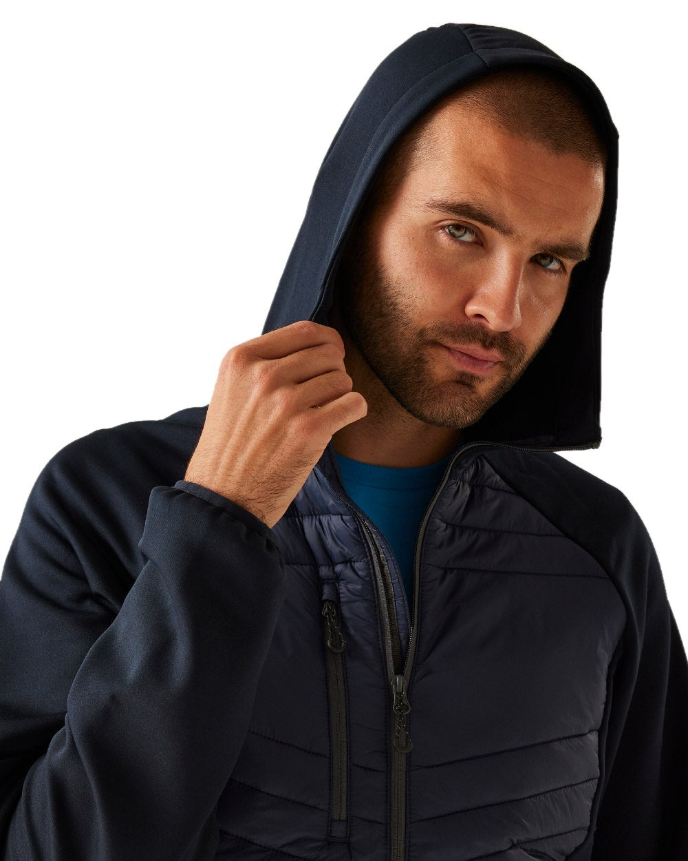 Navy Seal Grey coloured Regatta Mens Navigate Hybrid Jacket on white background 