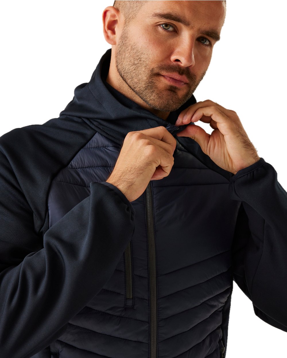 Navy Seal Grey coloured Regatta Mens Navigate Hybrid Jacket on white background 