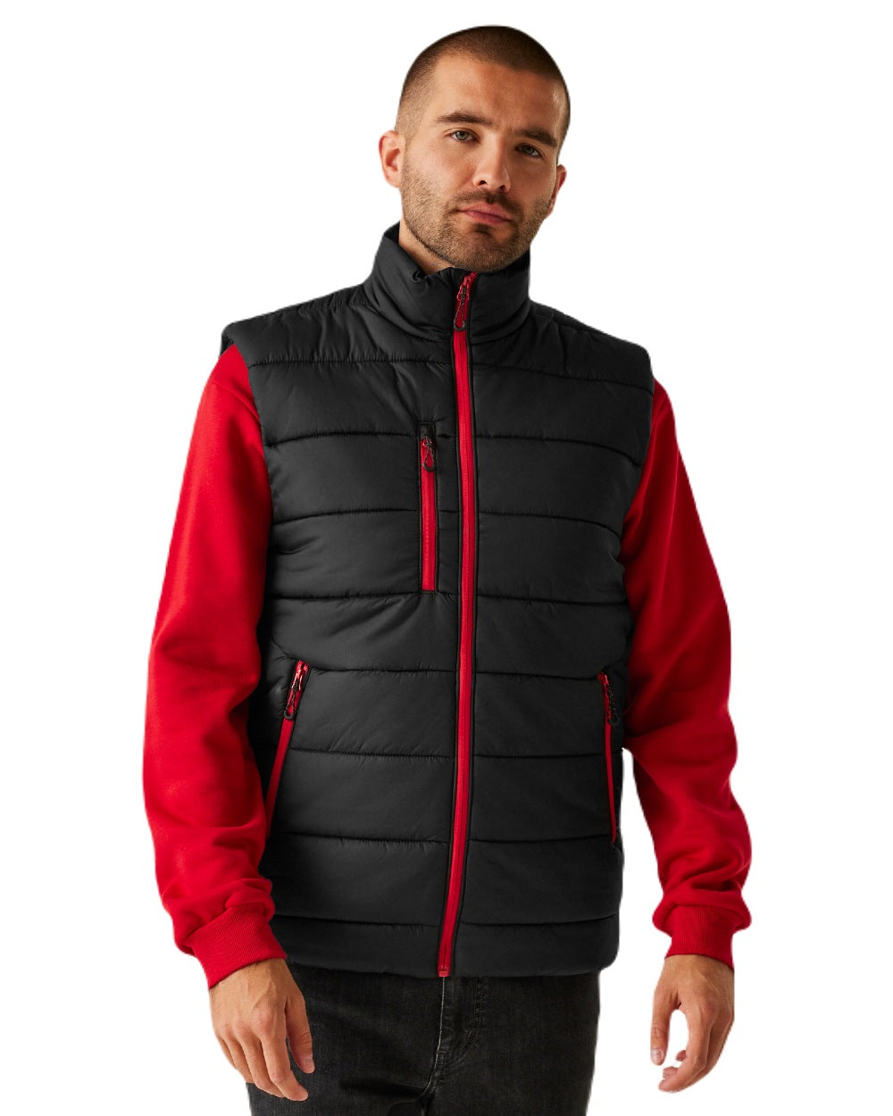 Black Classic Red coloured Regatta Mens Navigate Thermal Bodywarmer on white background 