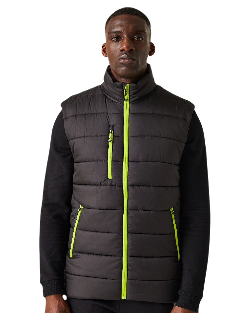 Black Lime Green coloured Regatta Mens Navigate Thermal Bodywarmer on white background 