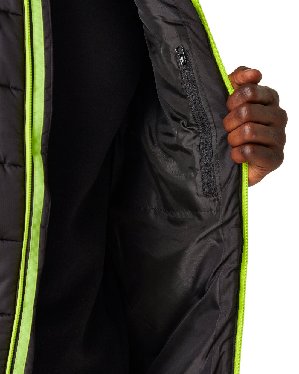 Black Lime Green coloured Regatta Mens Navigate Thermal Bodywarmer on white background 