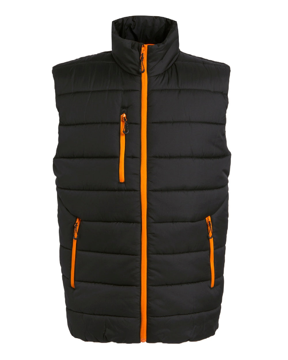 Black Orange Pop coloured Regatta Mens Navigate Thermal Bodywarmer on white background 
